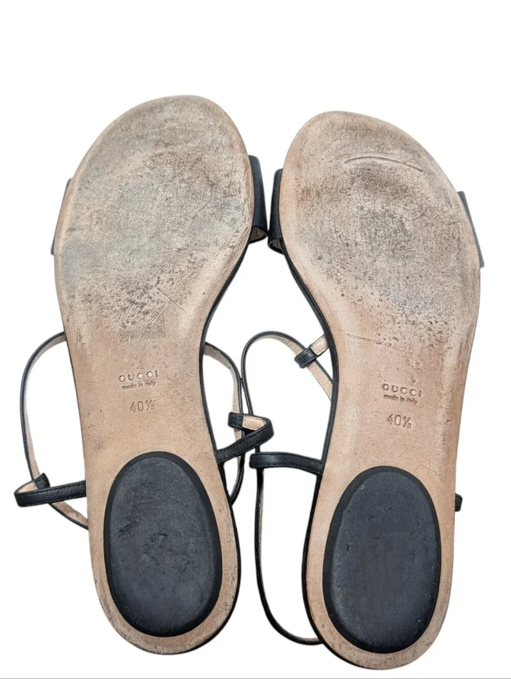 Gucci Horsebit Flat Black Leather T-Strap Sandals Size EU 40.5